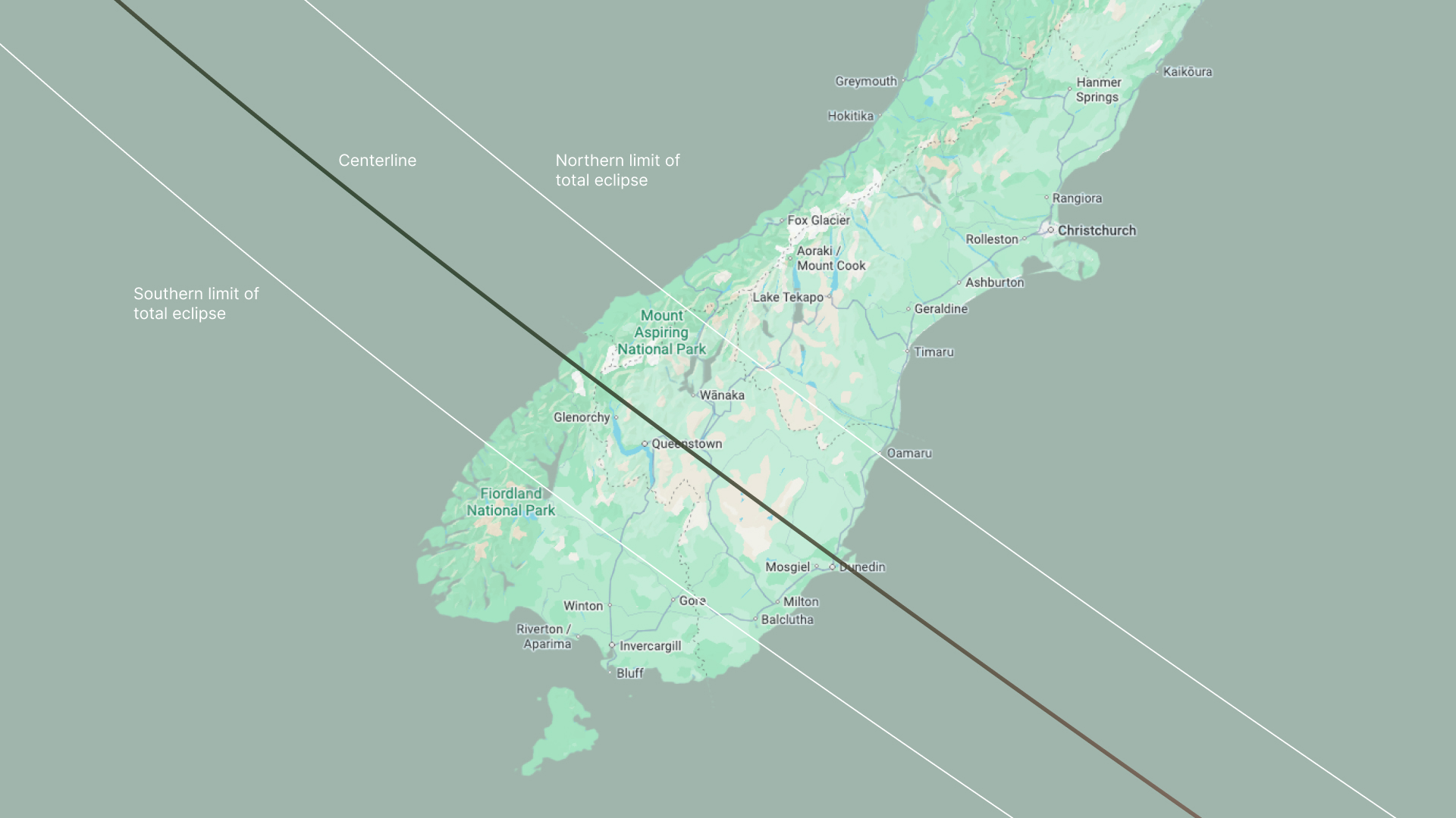 Solar eclipse 2028 New Zealand path of totality map