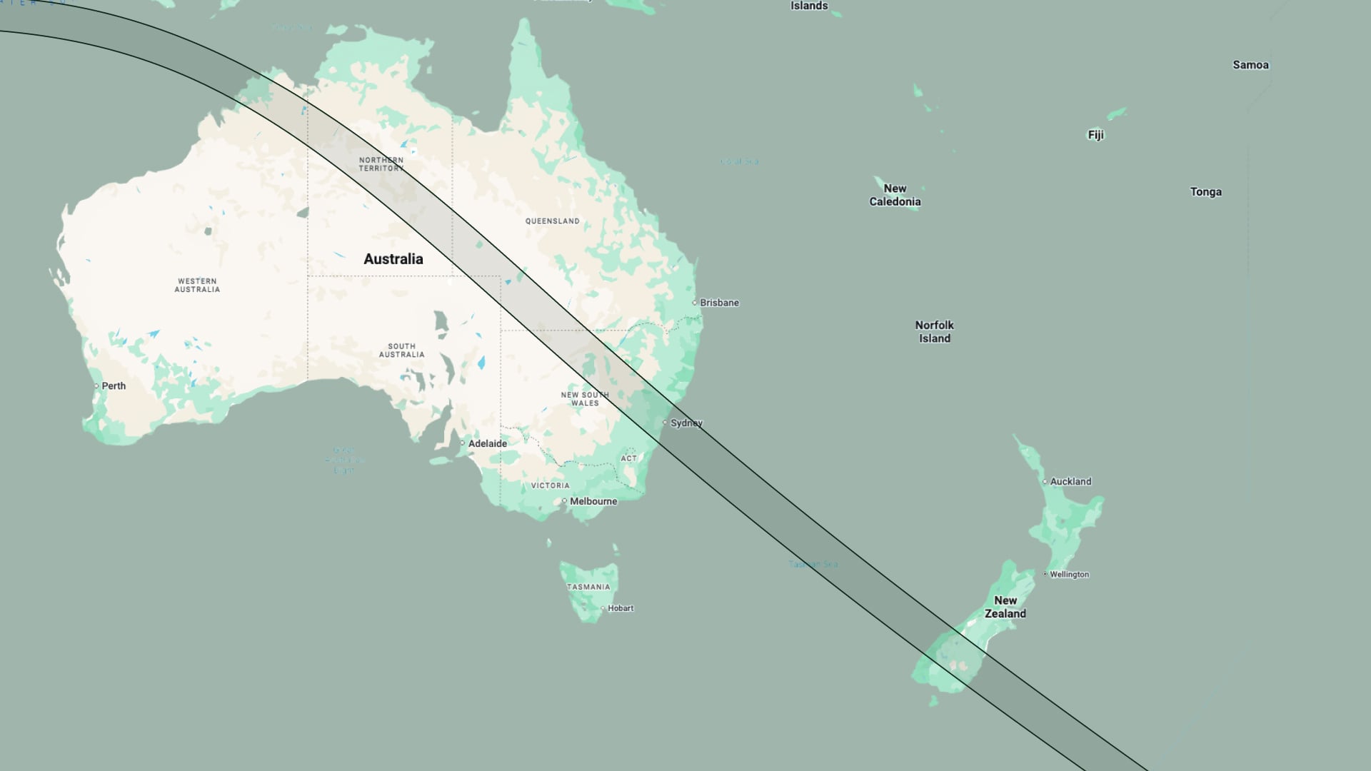 Solar eclipse 2028 Australia and New Zealand path of totality map